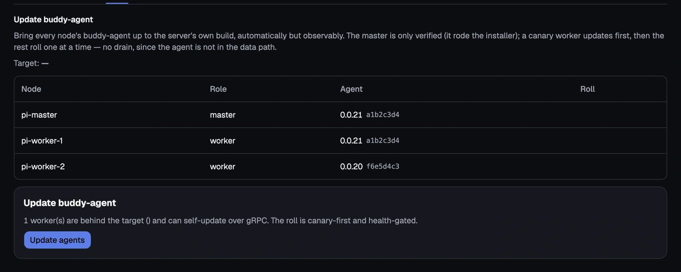 The Cluster Agent screen, listing every node's management-software version