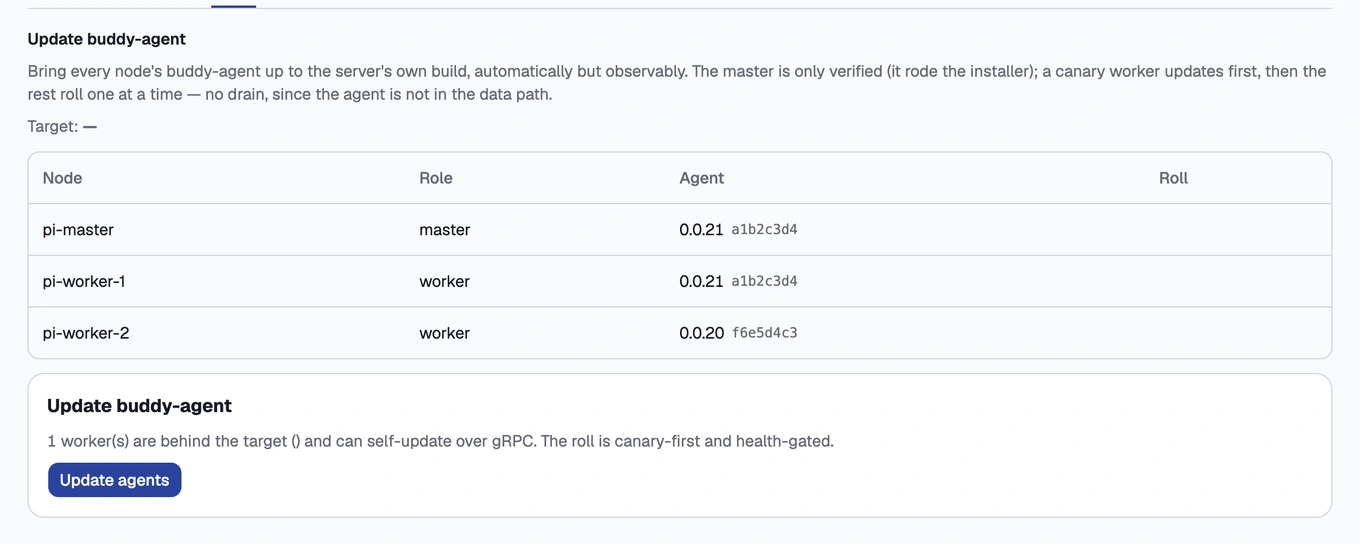 The Cluster Agent screen, listing every node's management-software version