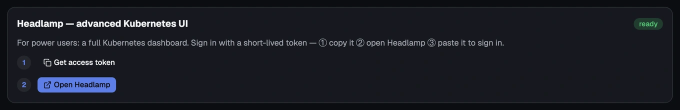 The Headlamp card on the Cluster screen's Kubernetes tab, with its access-token controls