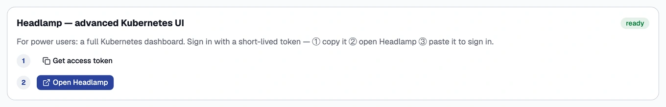 The Headlamp card on the Cluster screen's Kubernetes tab, with its access-token controls