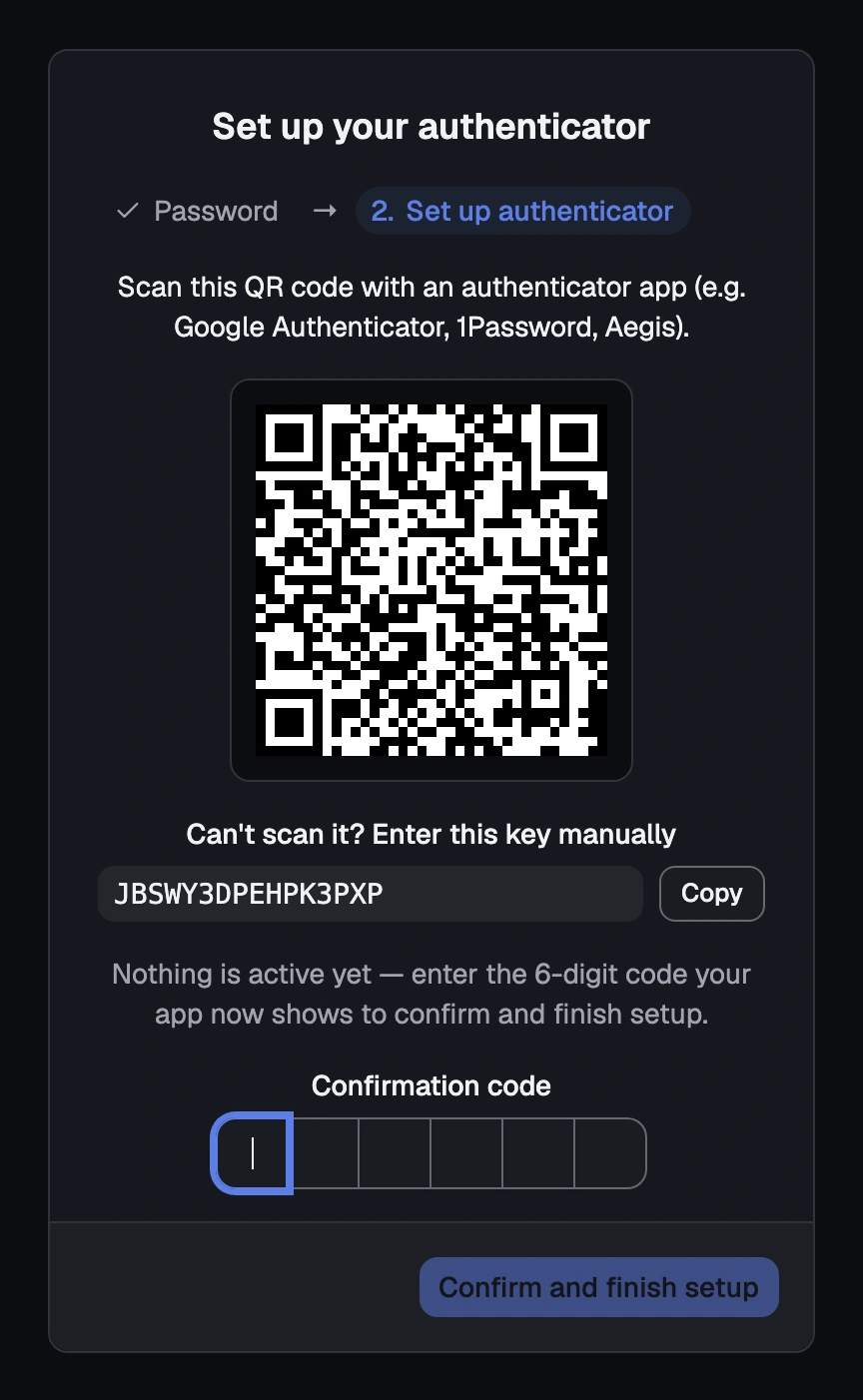 The enrolment screen's QR code and the 6-digit confirmation field