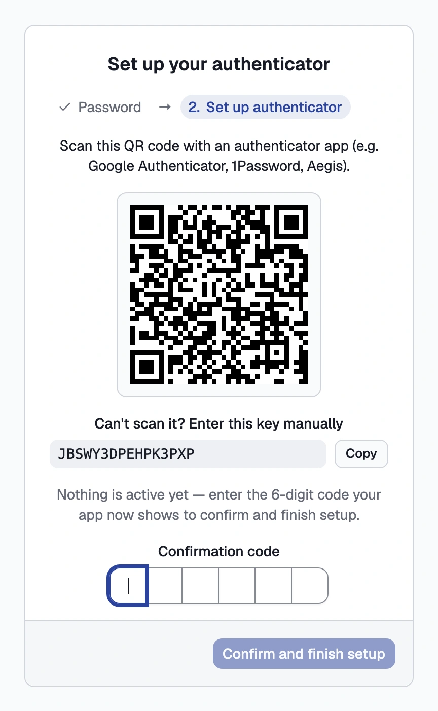 The enrolment screen's QR code and the 6-digit confirmation field