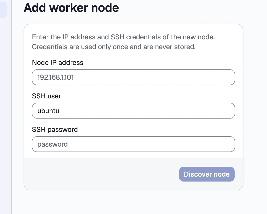 The Nodes screen's Add node form, with the address and credentials fields empty