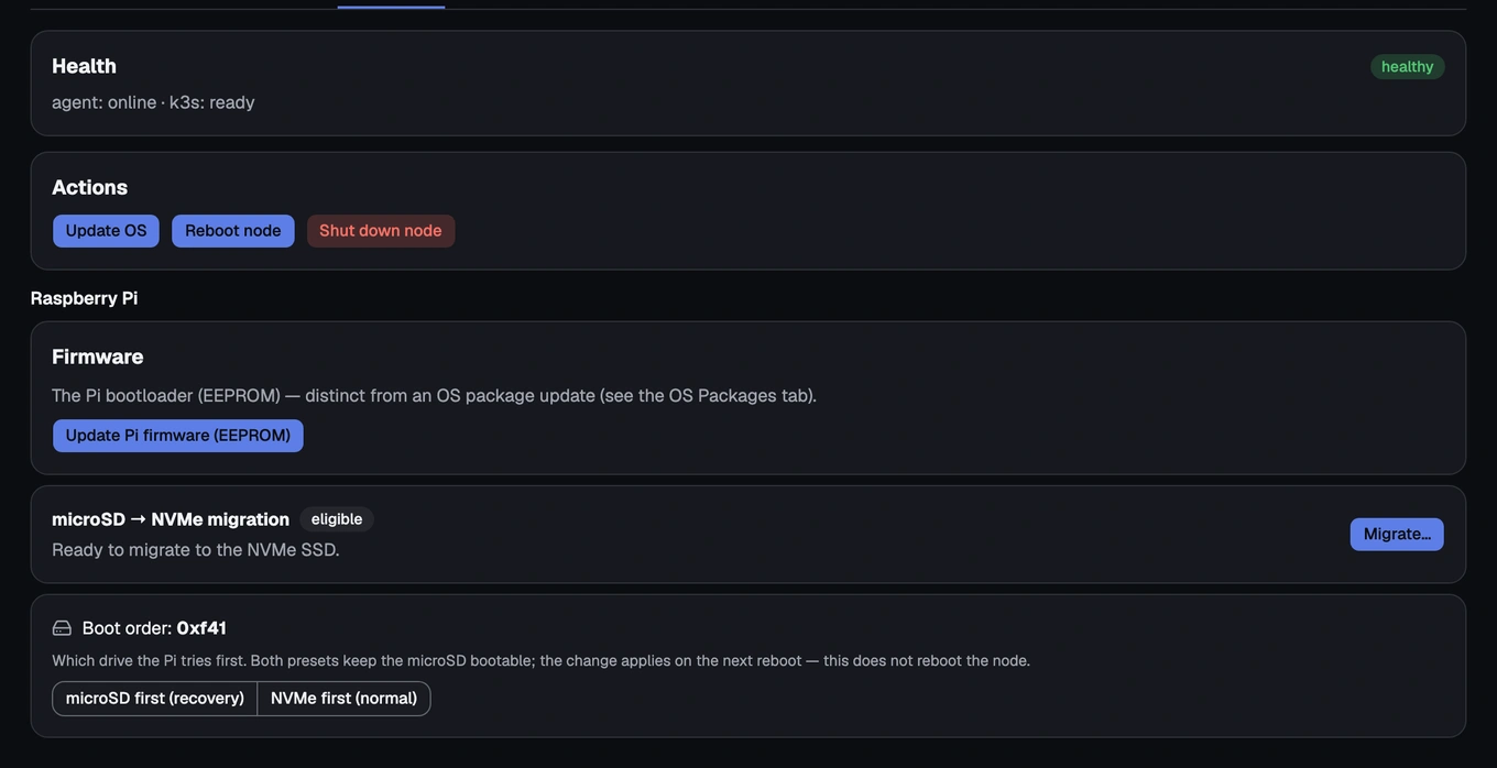 A node's Maintenance screen, showing its health signals and available actions