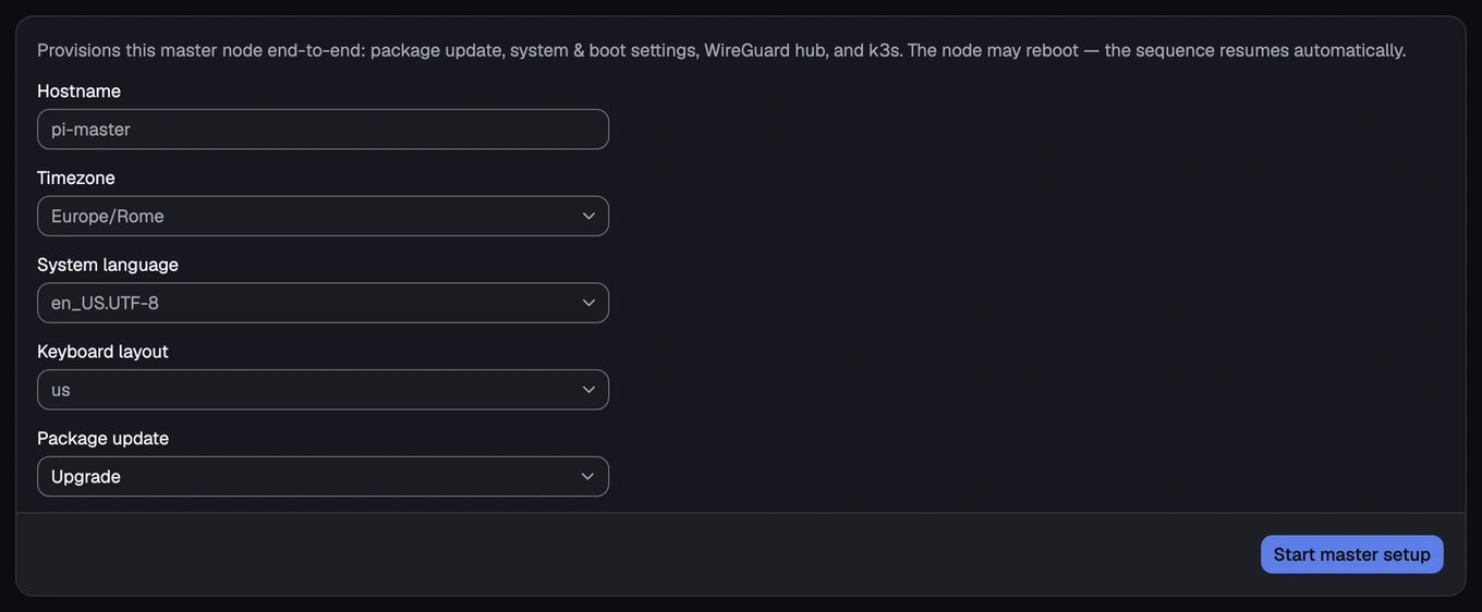 The welcome screen with its single "Start master setup" button