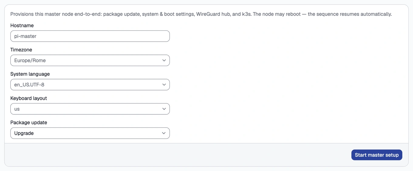 The welcome screen with its single "Start master setup" button