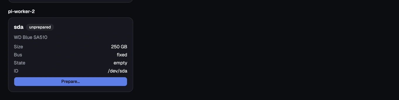 The Storage screen listing an unprepared device under its node